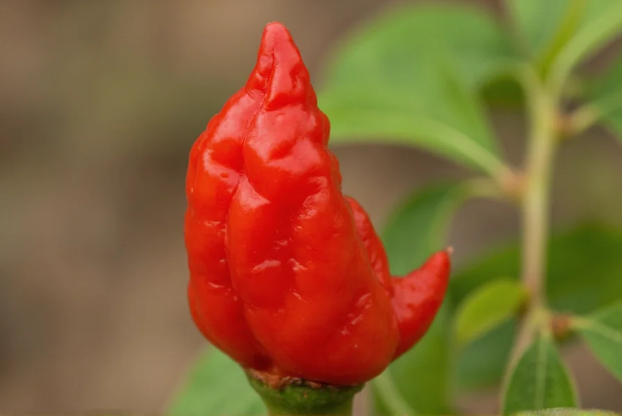 Close-up photograph of a ripe red ghost chili pepper showing its distinctive wrinkled texture and pointed tip against a natural background