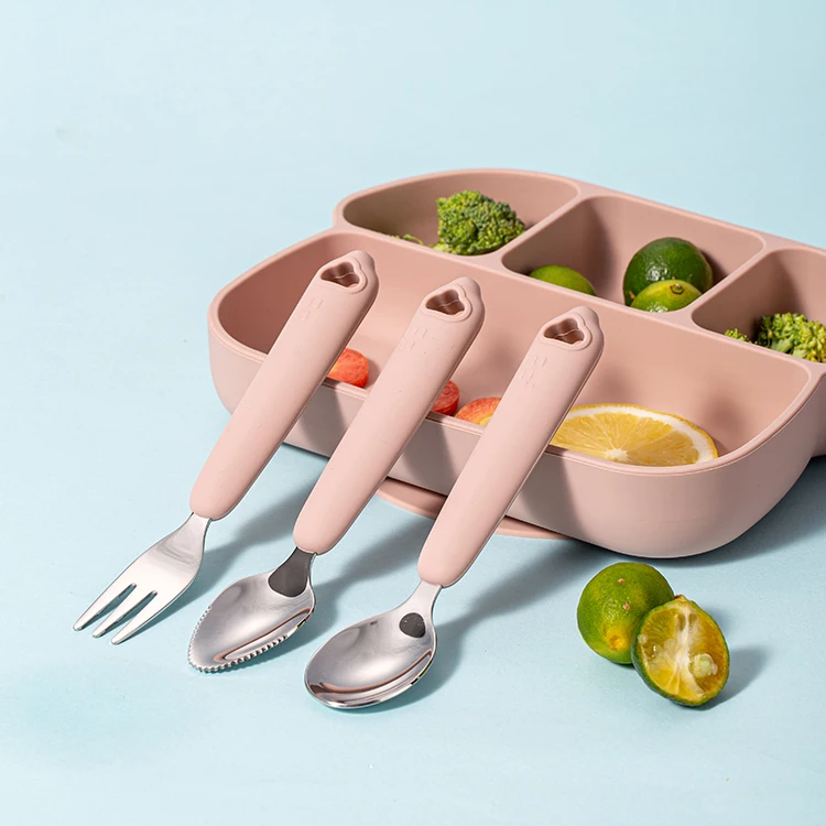 

Three sets of cloud silicone baby fork and spoon set baby feeding spoon set, Natural