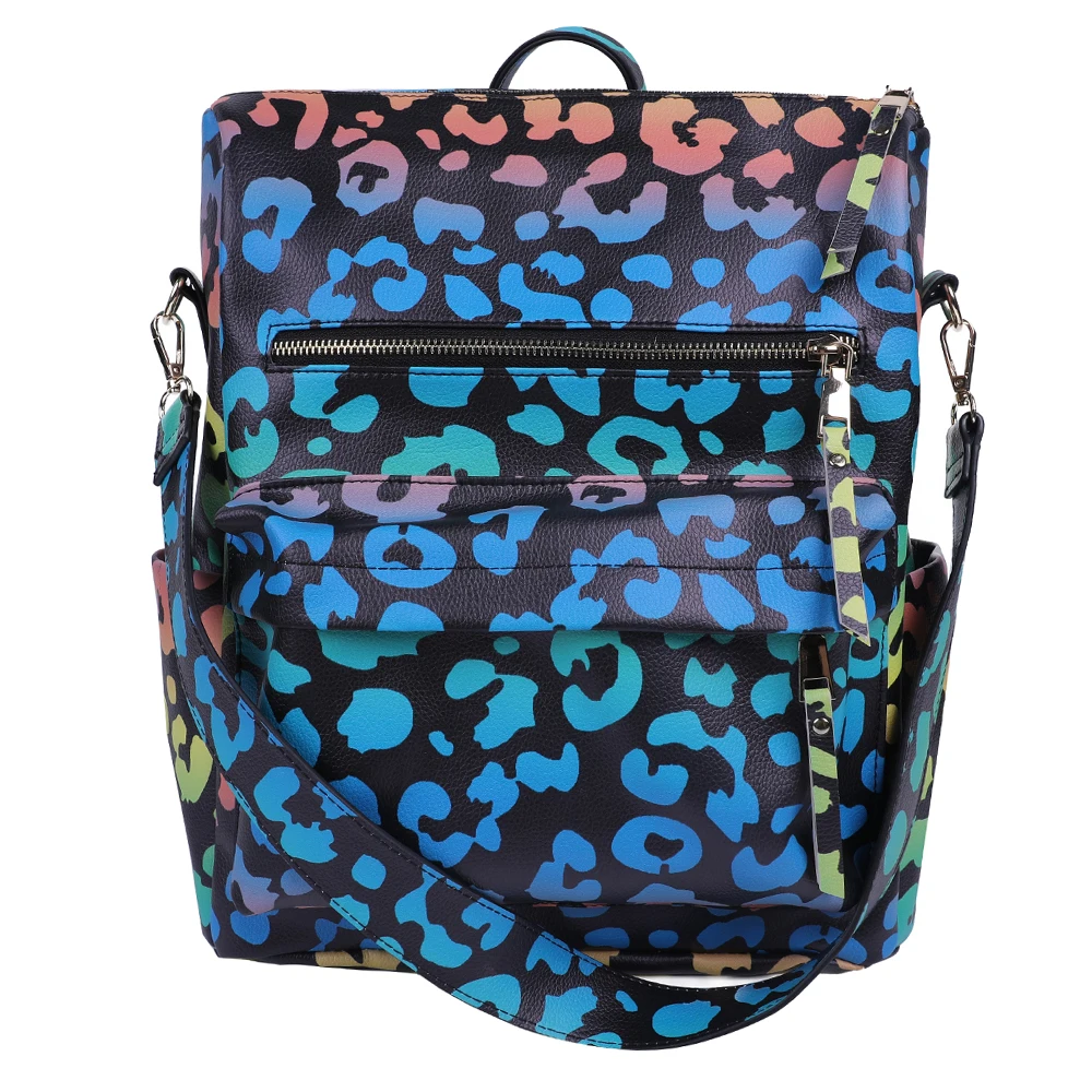 

Wholesale High Quality Pu Leather Women Turquoise Leopard Convertible Backpack for Bags Shoulder Strap College School Backpack