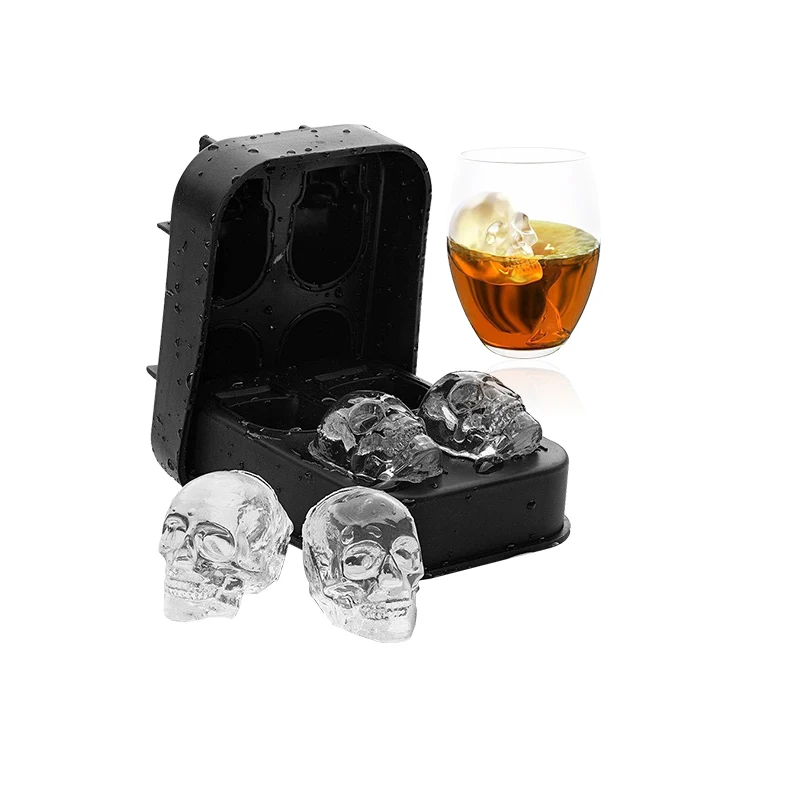 

Personalized food grade BPA free easy release small 3d silicone skull mold ice cube tray with funnel, Blue;black