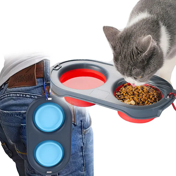 

New Cheaper Price travel Anti Slip Pets Dog Feeder Bowl Camping Foldable 2 in 1 Double Bowl Water Silicone Pet Food Bowl