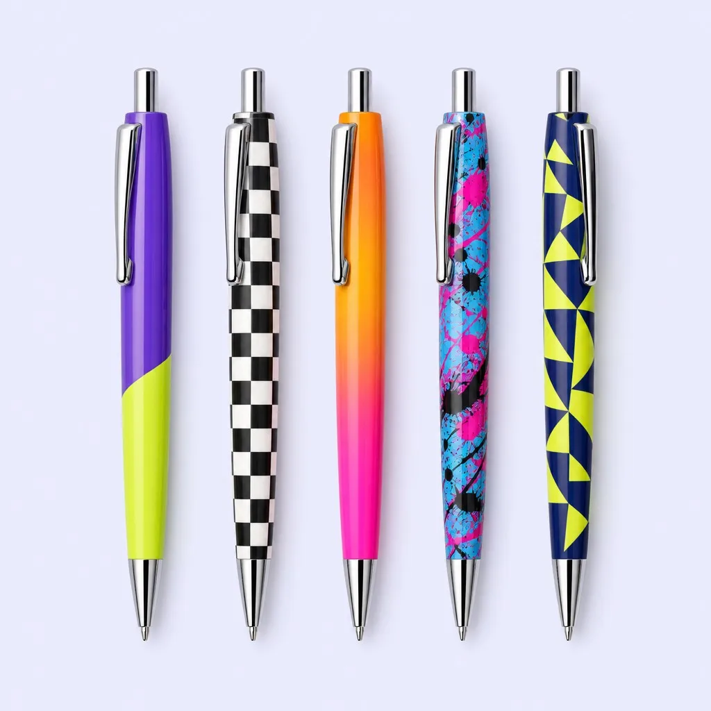 Five pens in a lineup with violet-lime color block, checkerboard, gradient, splatter and geometric patterns