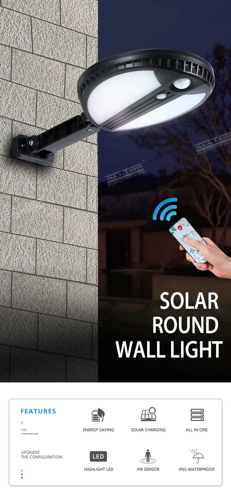 ALLTOP Hot selling ABS material 5w outdoor garden lighting solar led wall light with remote controller