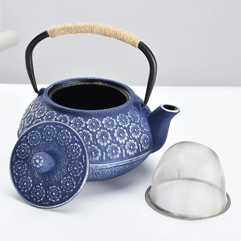 34oz Modern Traditional Tetsubin Tea Kettle Internal Enamel Blue Black Iron Teapot Stainless Steel Infuser Coffee/Tea Bags Set