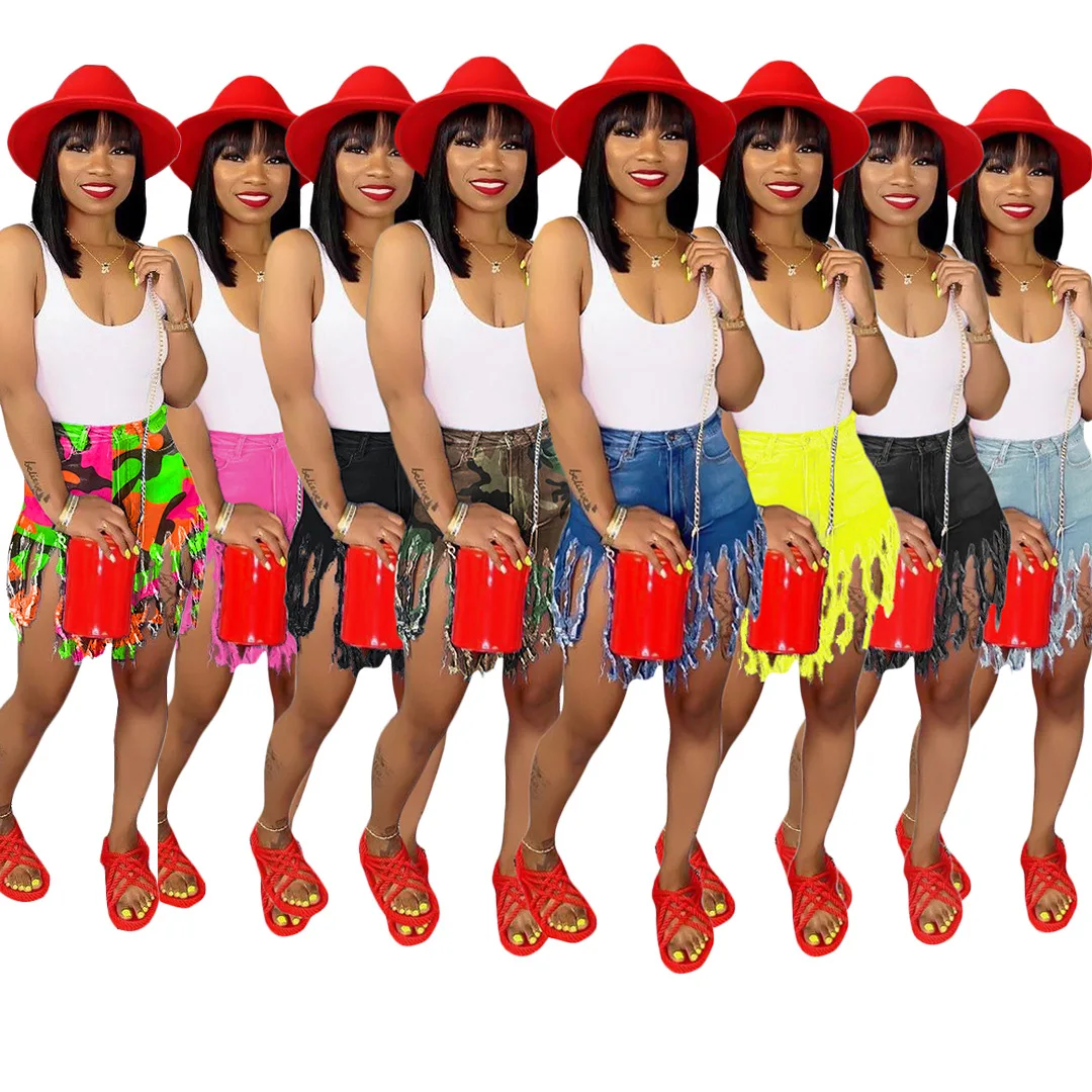 

9S4U 2020 Wholesale Multi Color Womens Denim Shorts Tassels Jean Shorts Women, Customized color