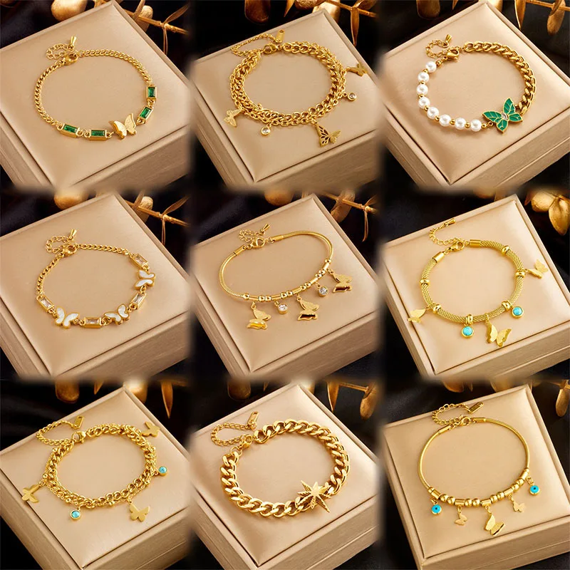 

Fashion Stainless Steel Butterfly Pendant Bracelet Vintage Gold Double Layer Bracelet Women's Jewelry