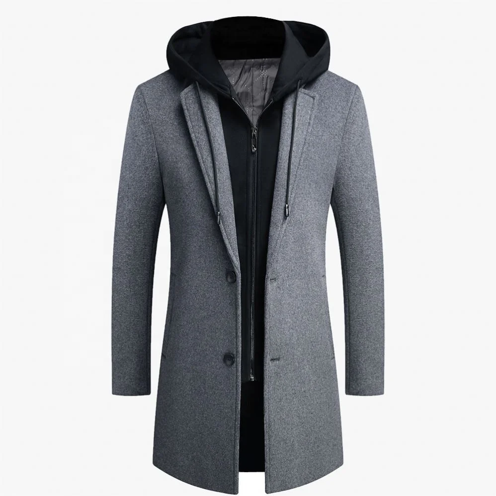 

2021 Wool Polyester Overcoat Plain Color Detachable Hat Mens Winter Slim Long Warm Coats, Customized color