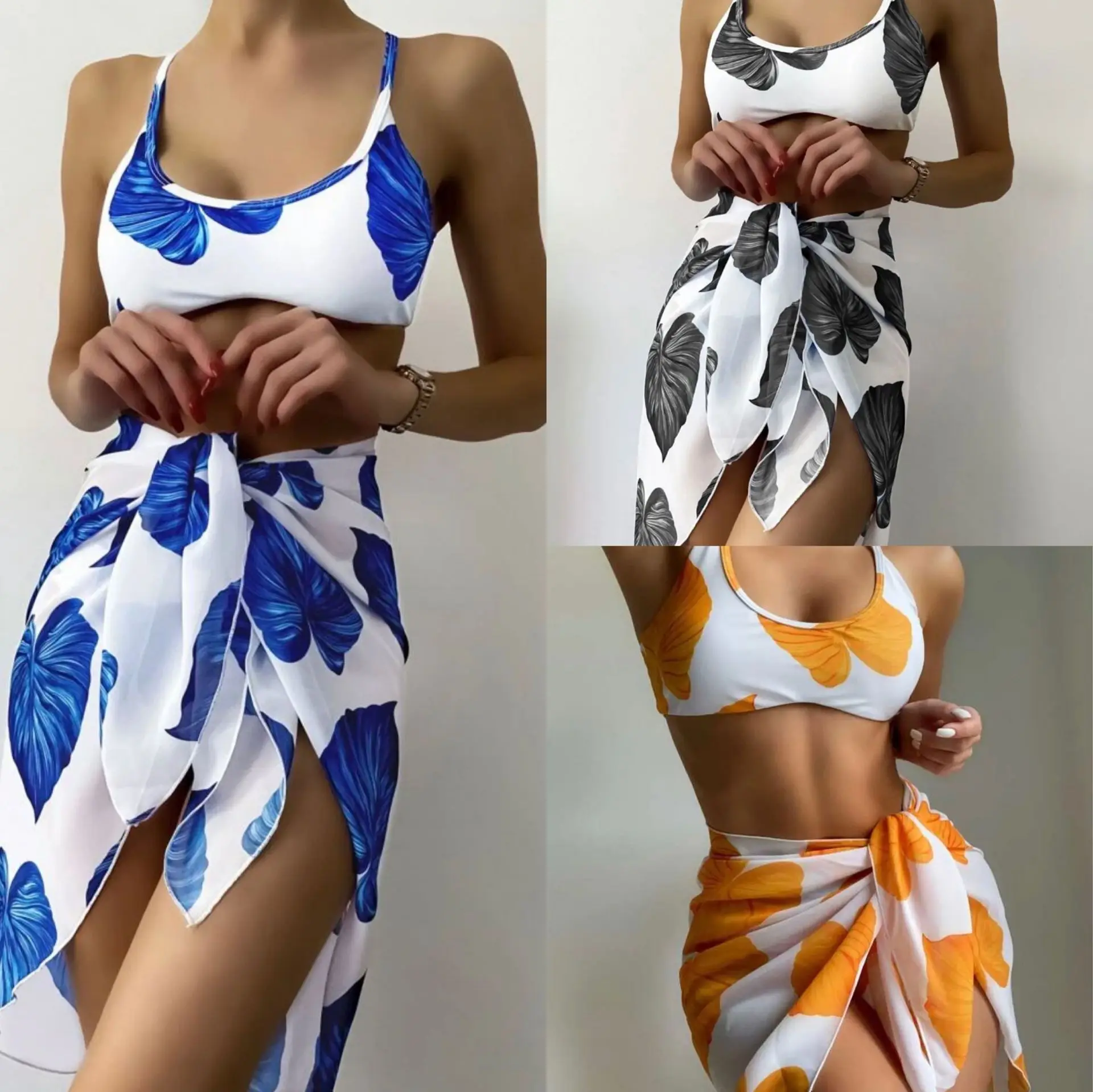 

Summer Floral Print Trending Women 3 Piece Swimsuit Luxury Swimwear Bathing Suits Tie Bye Beachwear Bikini For Women