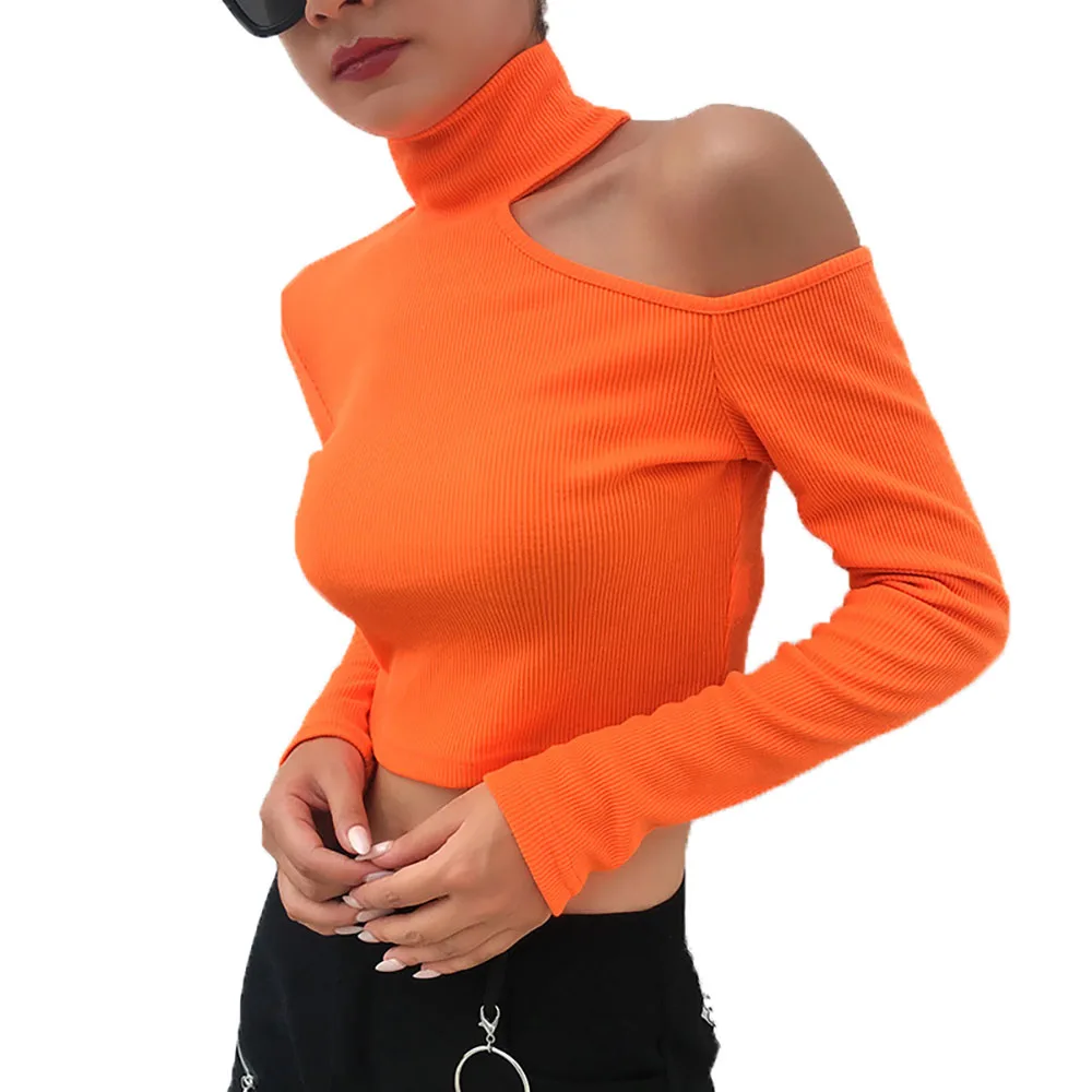 

Fall Sweater Fashion Knit Sweater Woman Off Shoulder Orange Sexy Tight Crop Top High Neck Sweaters For Women
