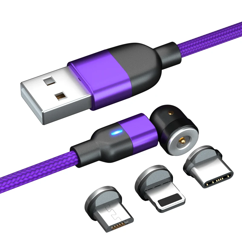 

540 Rotate Fast Charging Magnetic Cable Micro USB Type C Cable Magnet Charger Phone Cable For iPhone Sansung Android Wire Cord, Black red purple