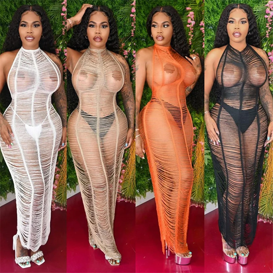 

W21D03198 Wholesale Summer Hollow Out Beach maxi dress Women Crochet Bikini Cover Ups Swimwear Fashion Party Holiday clothing