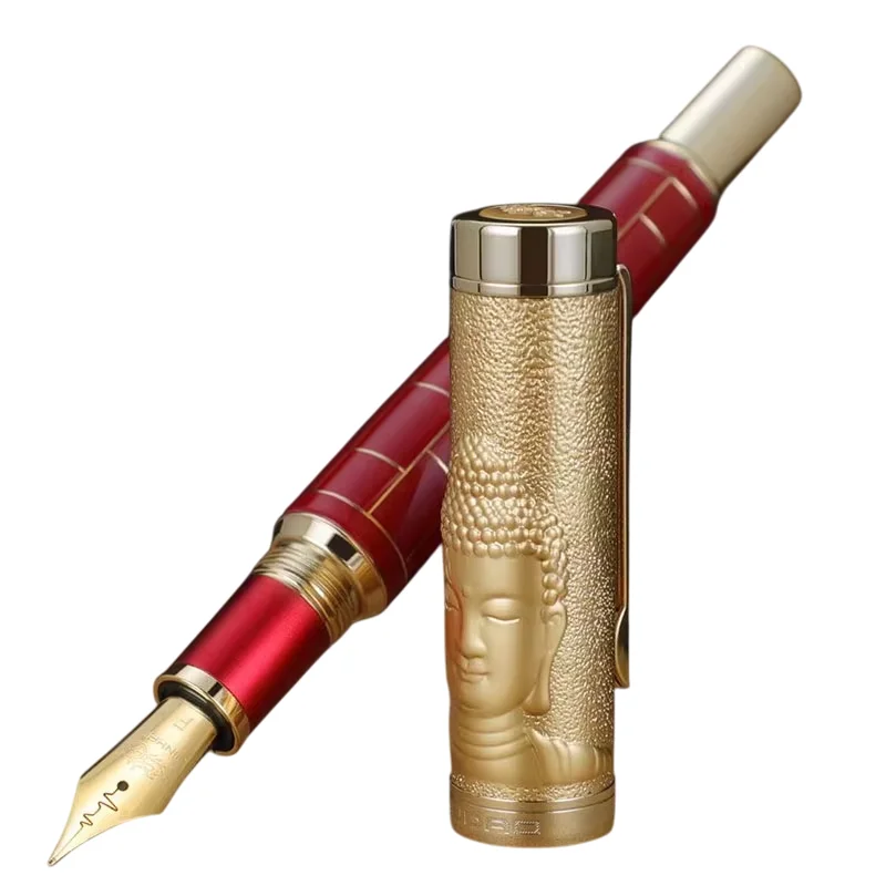 Jinhao Wudao Buddha Tathagata Fountain Pen Elegant Red Golden Carved Design Ergonomic With Rotating Cap Writing Ink Pen