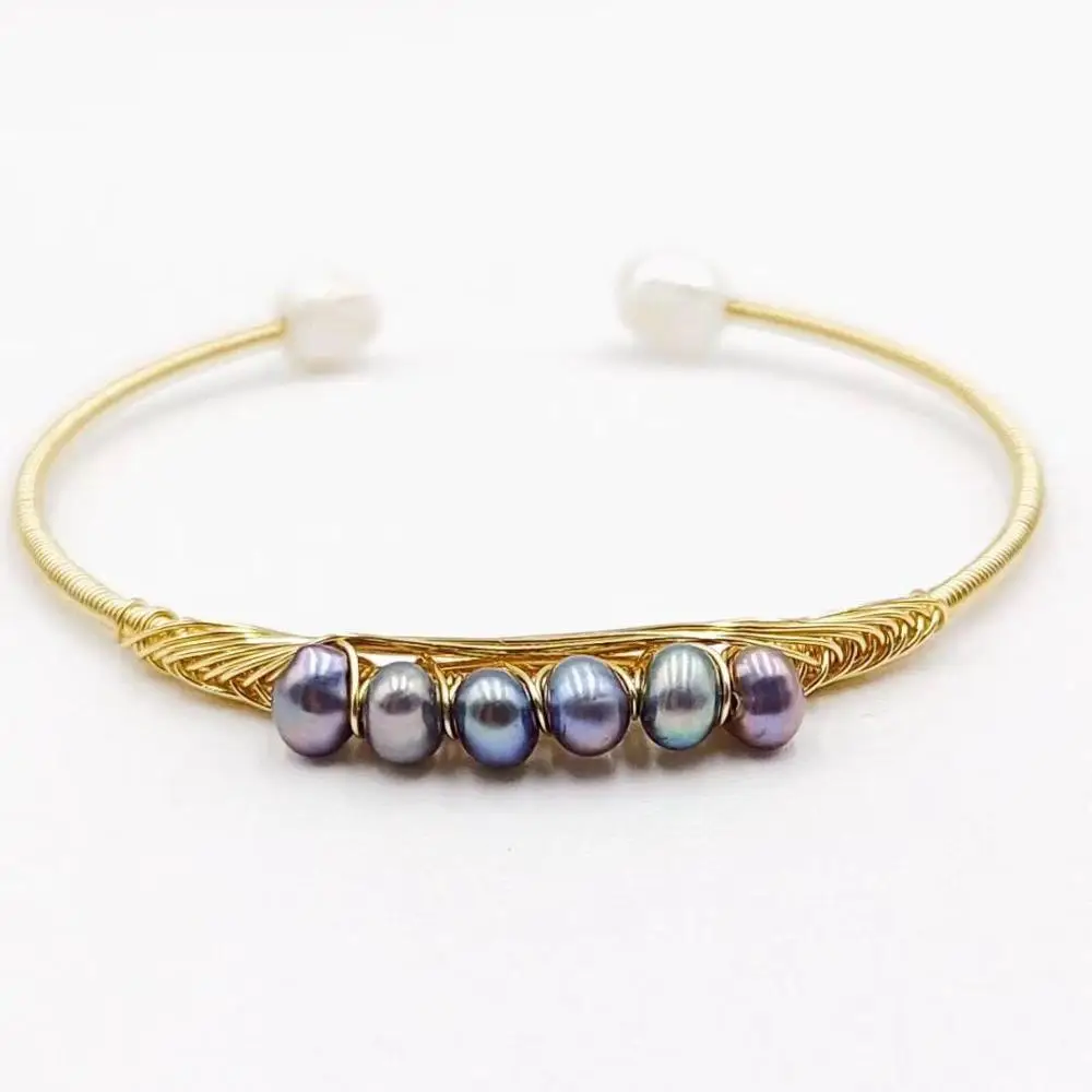 

BD-A882 new stylish women fresh water pearl bangle gold plating wire wrapped handmade bracelet bangle jewelry, As picture