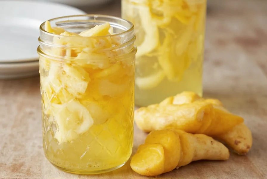 Homemade pickled ginger in glass jar showing delicate pink color and thin slices