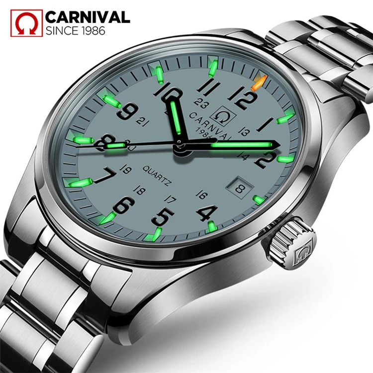 

CARNIVAL 8638 luminous Double calendar military Switzerland Quartz watch for men luxury automatic watches waterproof clock 2020