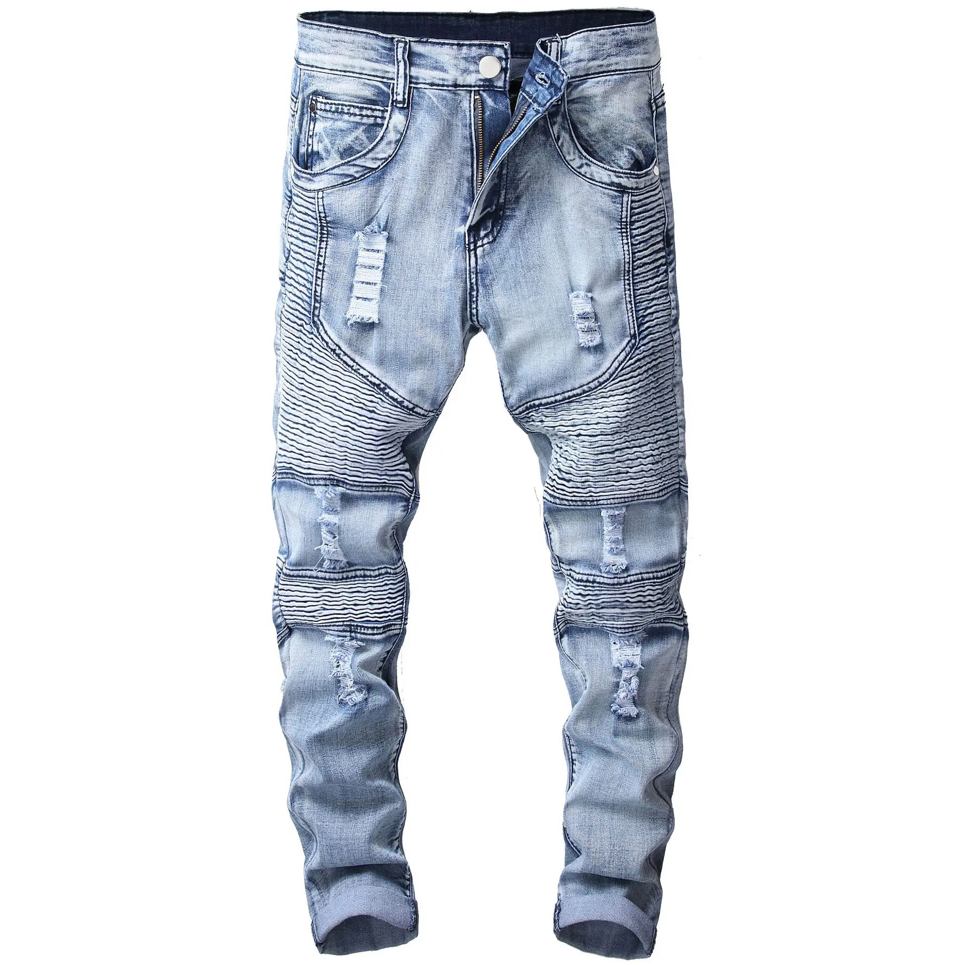 

wholesale style folds motorcycle pants stretch men's biker jeans ripped skinny