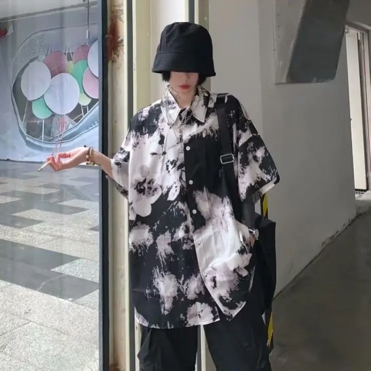 

Korean Style Harajuku Shirt Women Goth Tops Tie Dye Print Blouses Ladies Summer 2021 Fashion Plus Size Streetwear, Black