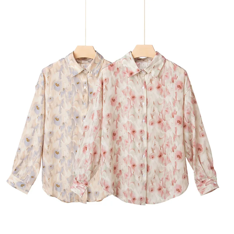 

Retro Hong Kong style smudge printing shirt women's 2022 spring and summer new thin loose and thin chiffon long-sleeved thin top, Picture color