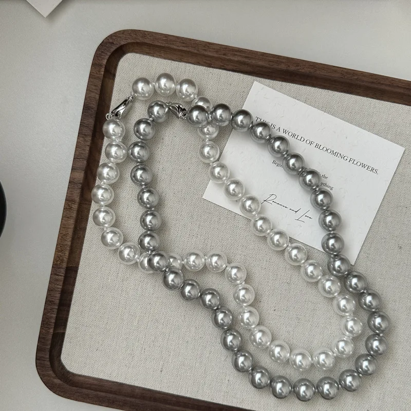 

10MM 45CM 925 Sterling Silver Big Quality White Gray Pearl Strand Beads Necklace high quality gifts