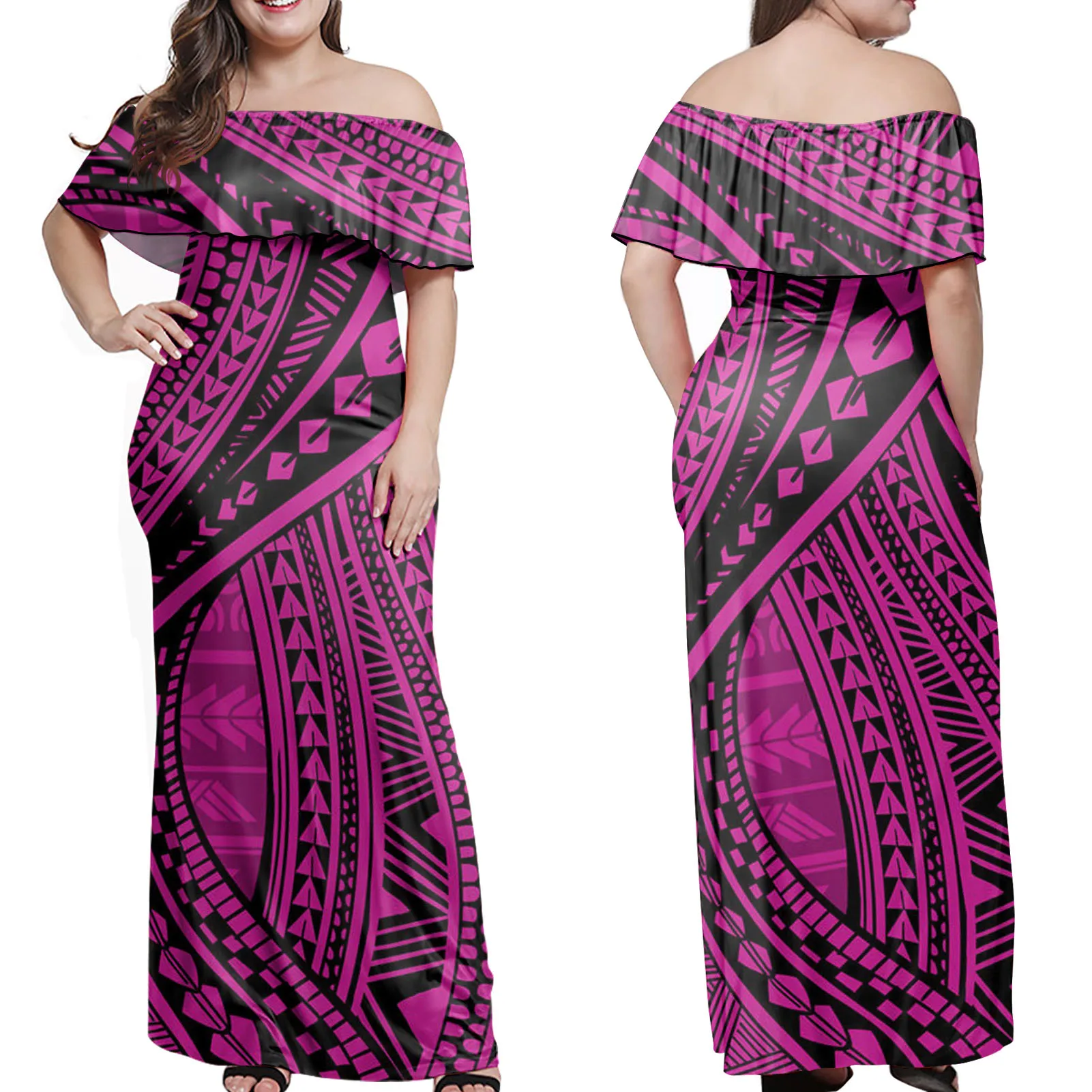 

Up to 7XL Off the Shoulder Summer Dress Polynesian Tribal Plus Size Lingerie Dress Casual Purple Stripe Printed Dresses Custom