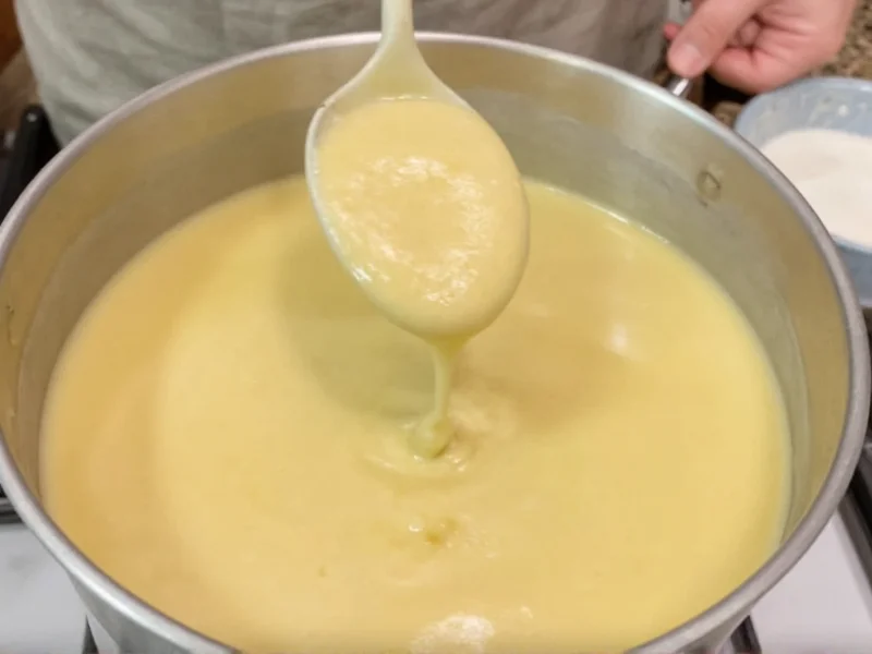 Thickened homemade condensed milk coating a spoon for visual test