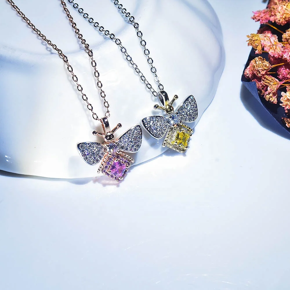 

New Fashion Bee Pendant Necklace Dainty Cute Jewelry Full Inlay Shiny Small Zircon Charm Women Wedding Choker Girl Birthday Gift