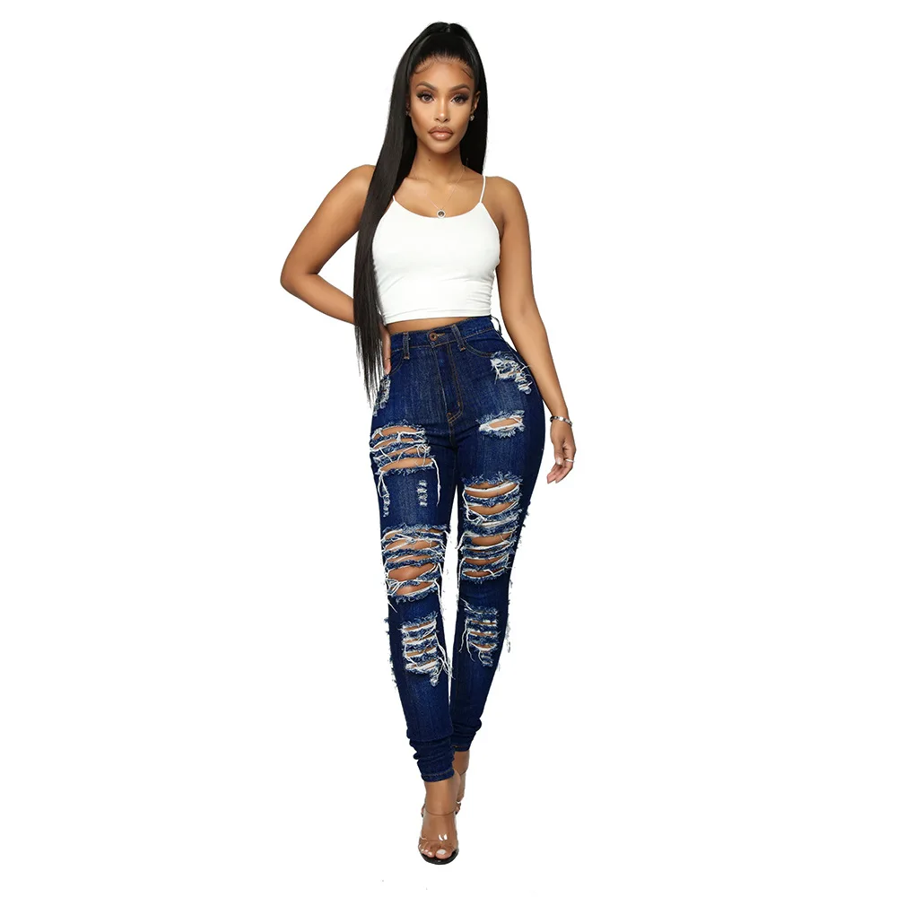 

2021 pantalon jeans femme Women Sexy Leggings Denim High Waist Pencil Pants Skinny Slim Ripped Jeans Women Trousers For Ladies, Navy