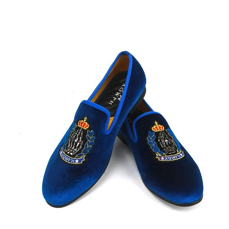 

New Style Men Blue Velvet Shoes Embroidery Crown Fashion Party and Banquet Male Dress Shoes Plus Size 5.5-13.5