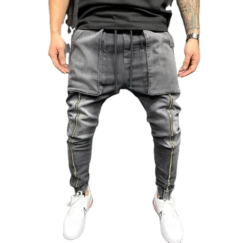 

Street Fashion Hip Hop Slim Fit Jeans Men Jogger Denim Pants Pocket Zipper Design Boy's Jeans Big Size, Blue, gray