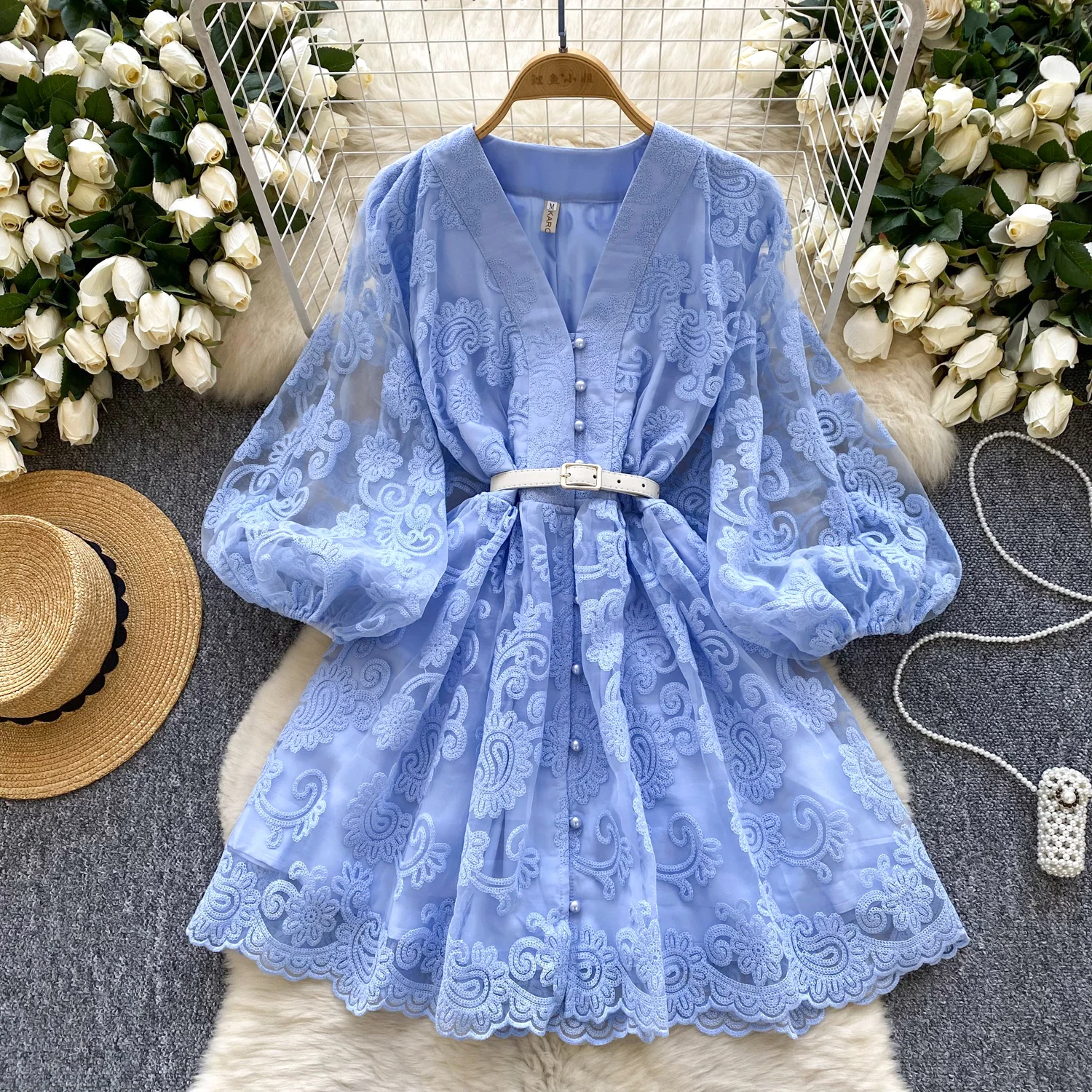 Vintage V Neck Lantern Sleeve Embroidered Line Dress
