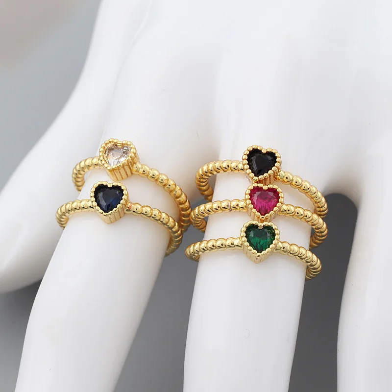 

Light Luxury Heart Shaped Cubic Zirconia Stacking Finger Rings 18K Gold Plated Colorful Zircon Opening Rings For Wedding