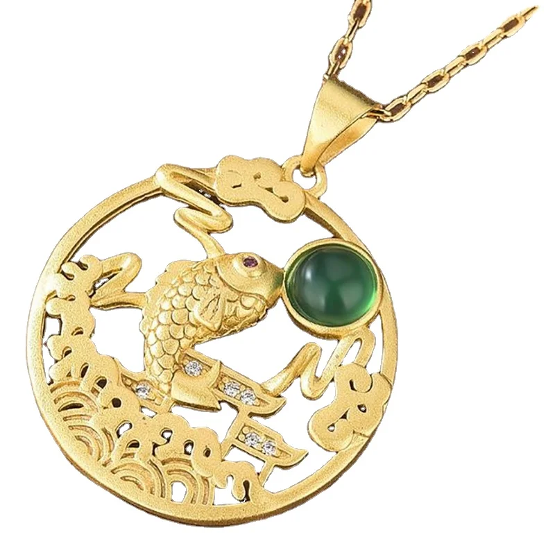 

Fashion Accessories Ancient Gold Chinese Style Design Koi Carp Inlaid Chalcedony And Hetian Jade Necklace