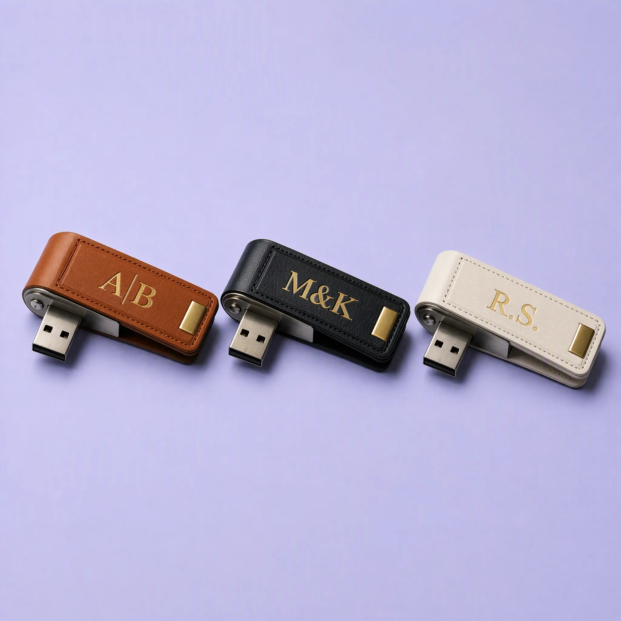 3-Color Luxury Leather Swivel USB Flash Drive Lineup in Cognac Tan, Midnight Black, and Creamy Ivory with Gold Foil Monograms