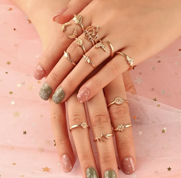 

New national Bohemian 12pcs fashion engraved fish tail animal moon snow joint ring, Gold
