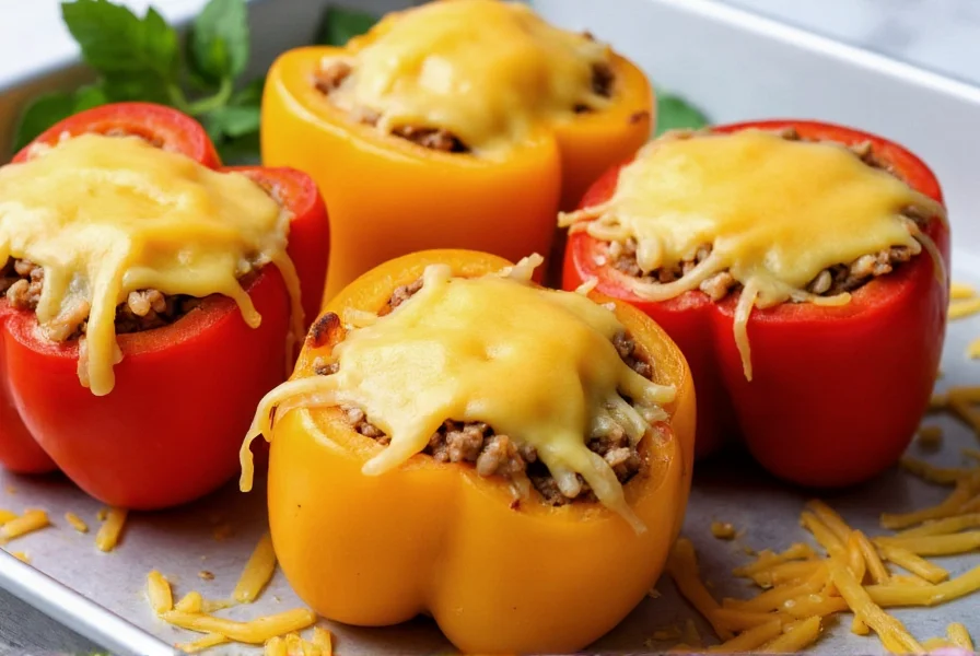 Four colorful bell peppers stuffed with beef and rice filling, topped with melted cheddar cheese, arranged on a baking sheet with fresh herbs