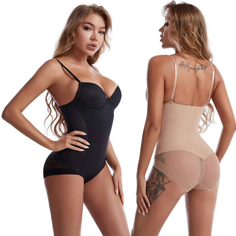 Belly-Contracting Chest-Supporting Body Shaping Underwear Push up Bra with Steel Ring Open Crotch Corset Mesh Models
