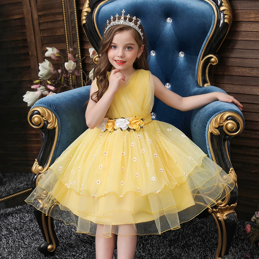 

Child yellow layered lovely girls birthday dresses for kids fluffy V-neck flower little girl dress knee-length 2-8 years old