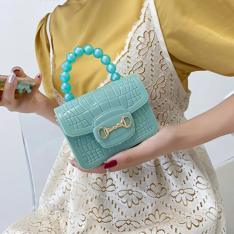

2021 Fashion Candy Color Mini Handbag Crocodile Pattern Moniliform Jelly Bag