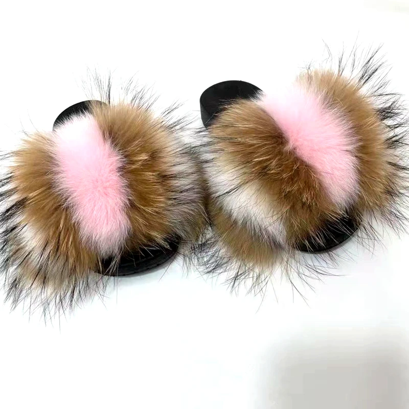 

Spring women shoes fashion colorful real fox fur slides women sandals