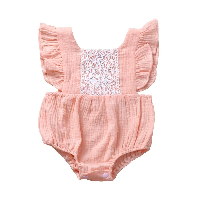 

2020 summer child onesie Ha small fly sleeve lace pattern design solid color triangle climb baby clothing for wholesale, As pic shows, we can according to your request also