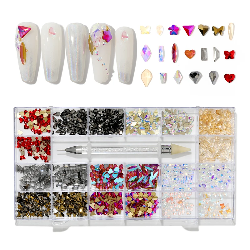 

2021 new 3d nail neon luminous rhinestone applique decoration gold butterfly heart Mix Shape nail crystals rhinestones box, Color mixing