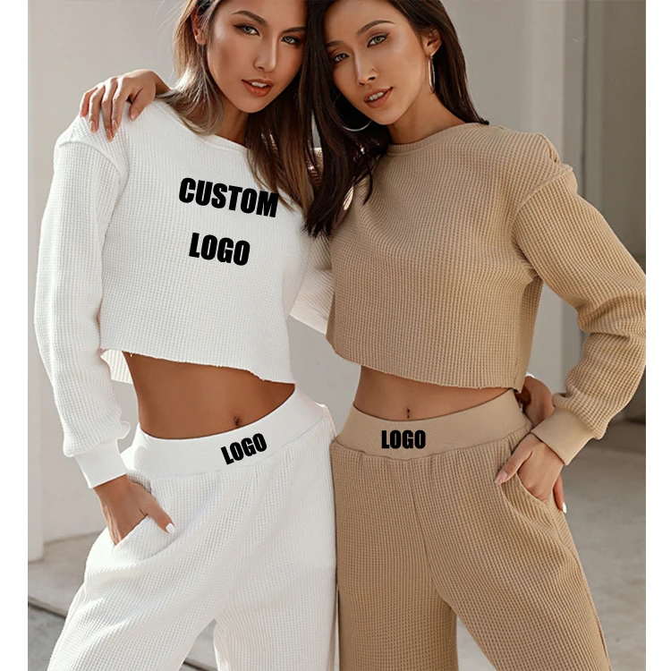 

Free Shipping high quality custom logo comfy Ribbed fabric 2 piece pant set women &sports Crop Top Tracksuit, Customized color