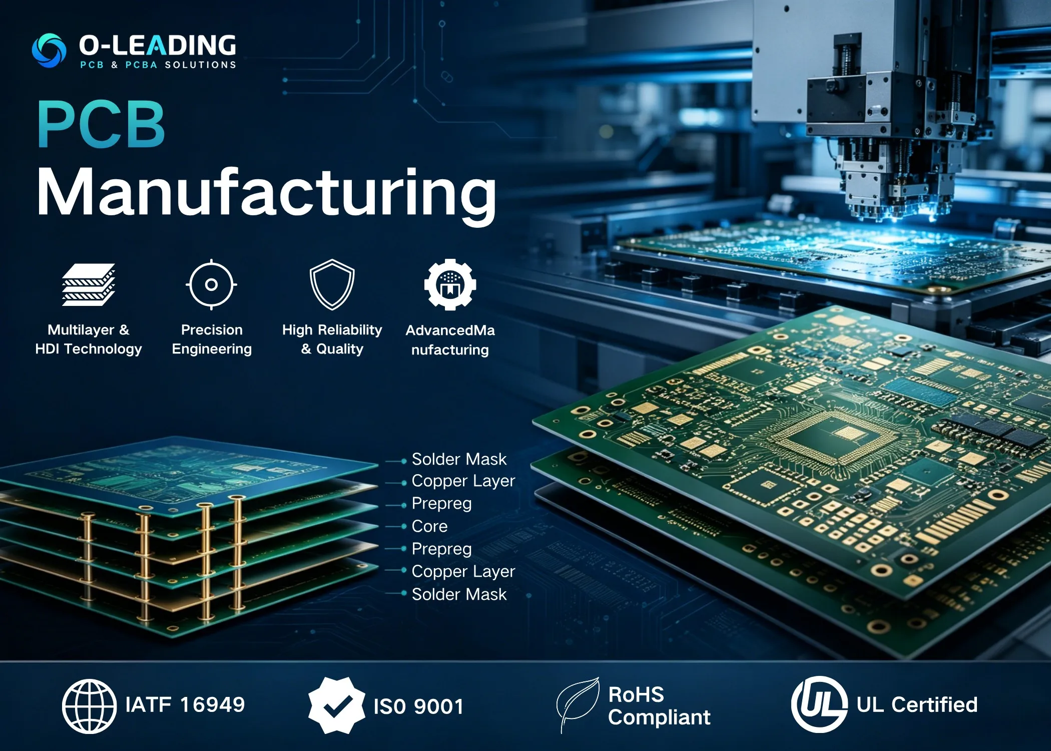 PCB manufacturing: multilayer PCB stack and automated production line