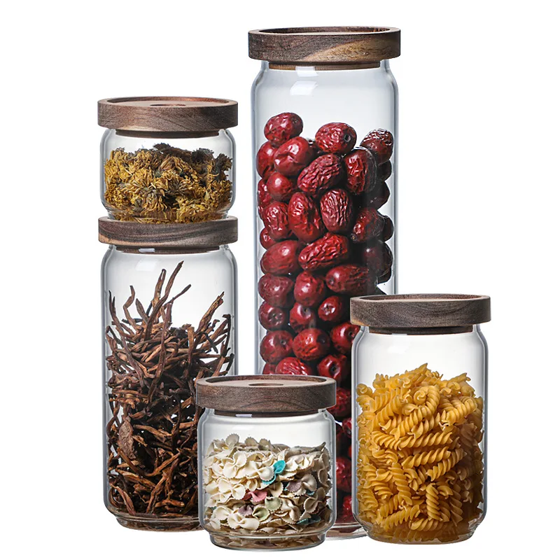 

Wholesale High Borosilicate Round Clear Stackable Kitchen Food Storage Airtight Glass Canister Sets with Acacia Wooden Lid