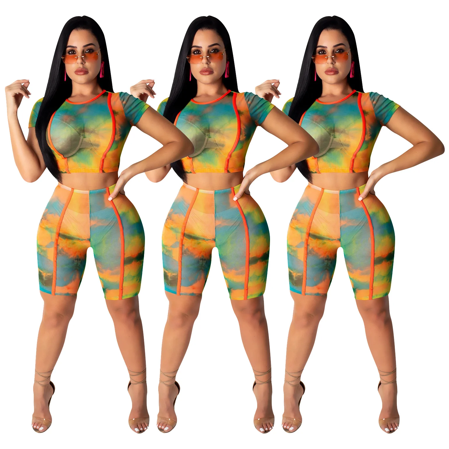 

Consignment ready to ship Wholesale SD9111European and American women's sexy screen transparent tie dyeing two piece set