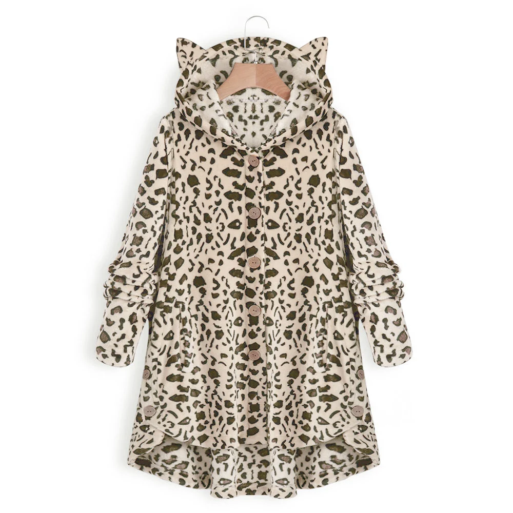 

wholesale Amazon Button sulid color Hooded cardigan female Cat Ear Plush leopard Jacket Women