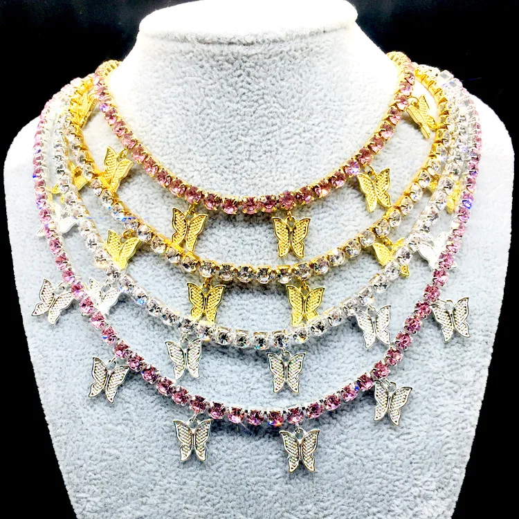 

Wholesale Women Stainless Steel Silver Gold Plated Diamond Crystal Cz Butterfly Tennis Choker Jewelry Charm Butterfly Necklace, Picture shows