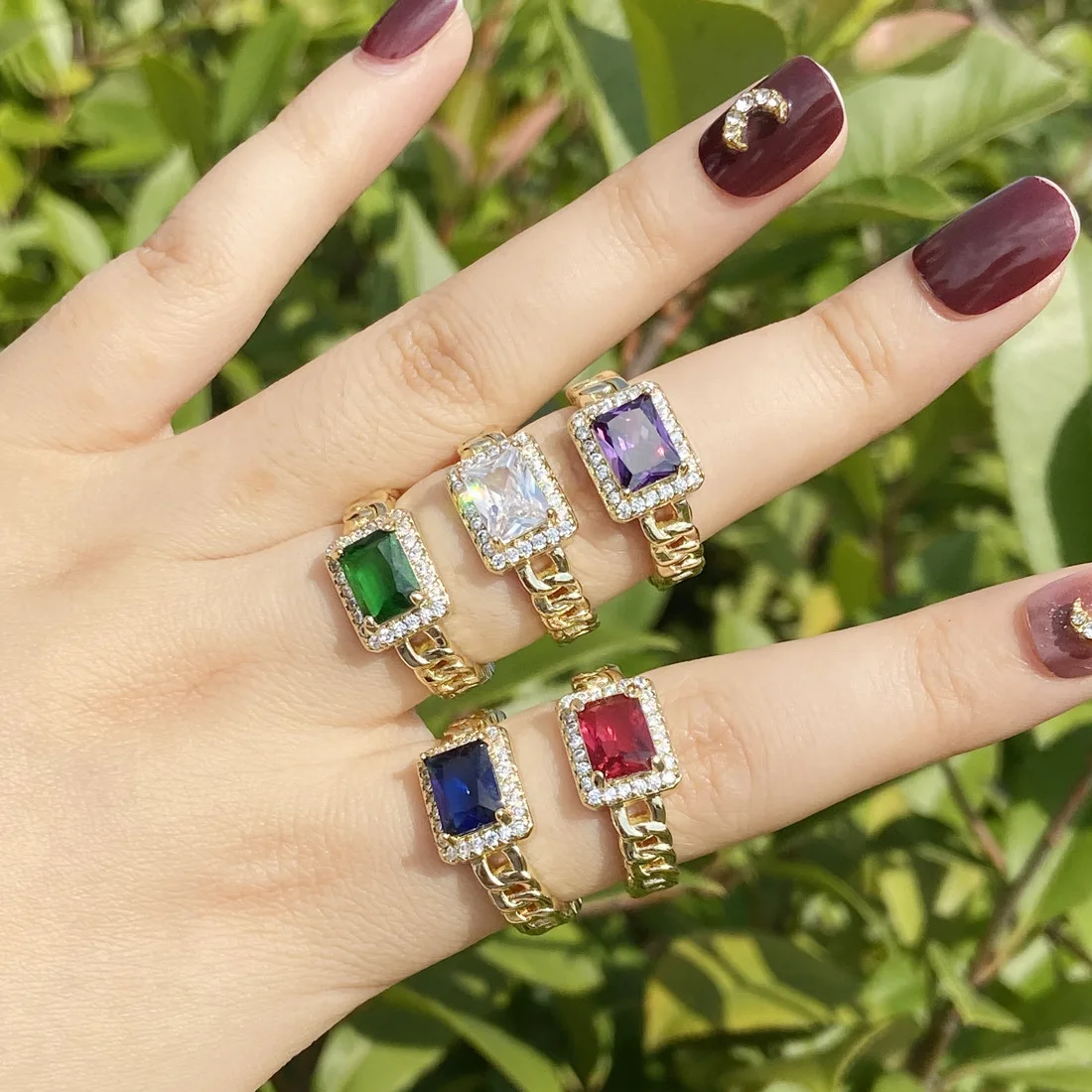 

Wholesale Fashion Colourful Custom Diamond Ring Gold Plated Zircon Ring For Women