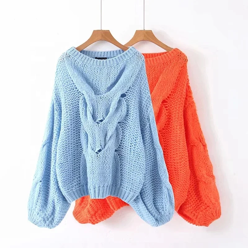 

B61442A Wholesale 2019 fashion sexy ladies regular knit Women Sweater, Orange/light blue