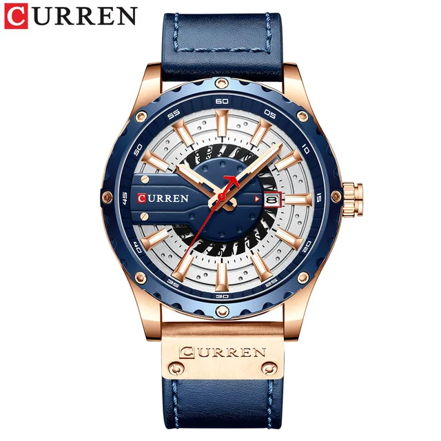 

8374 3atm water resistant chronograph man quartz wrist watch with blue leather chain, 5 different colors as picture